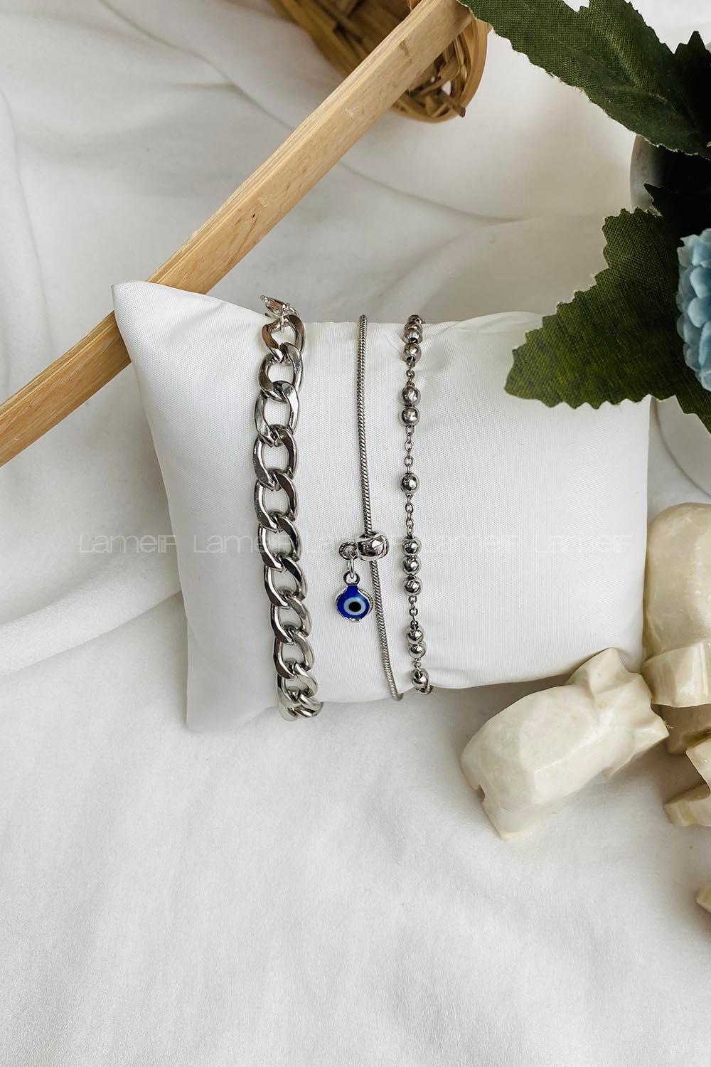 Modalamelif 3lü Nazar Boncuk Detay Gümüş Bileklik