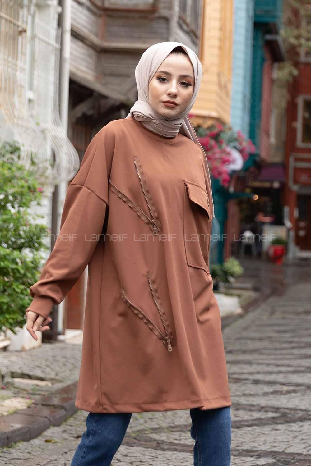 Modalamelif Bisiklet Yaka Fermuar Detaylı Sweatshirt Kahverengi