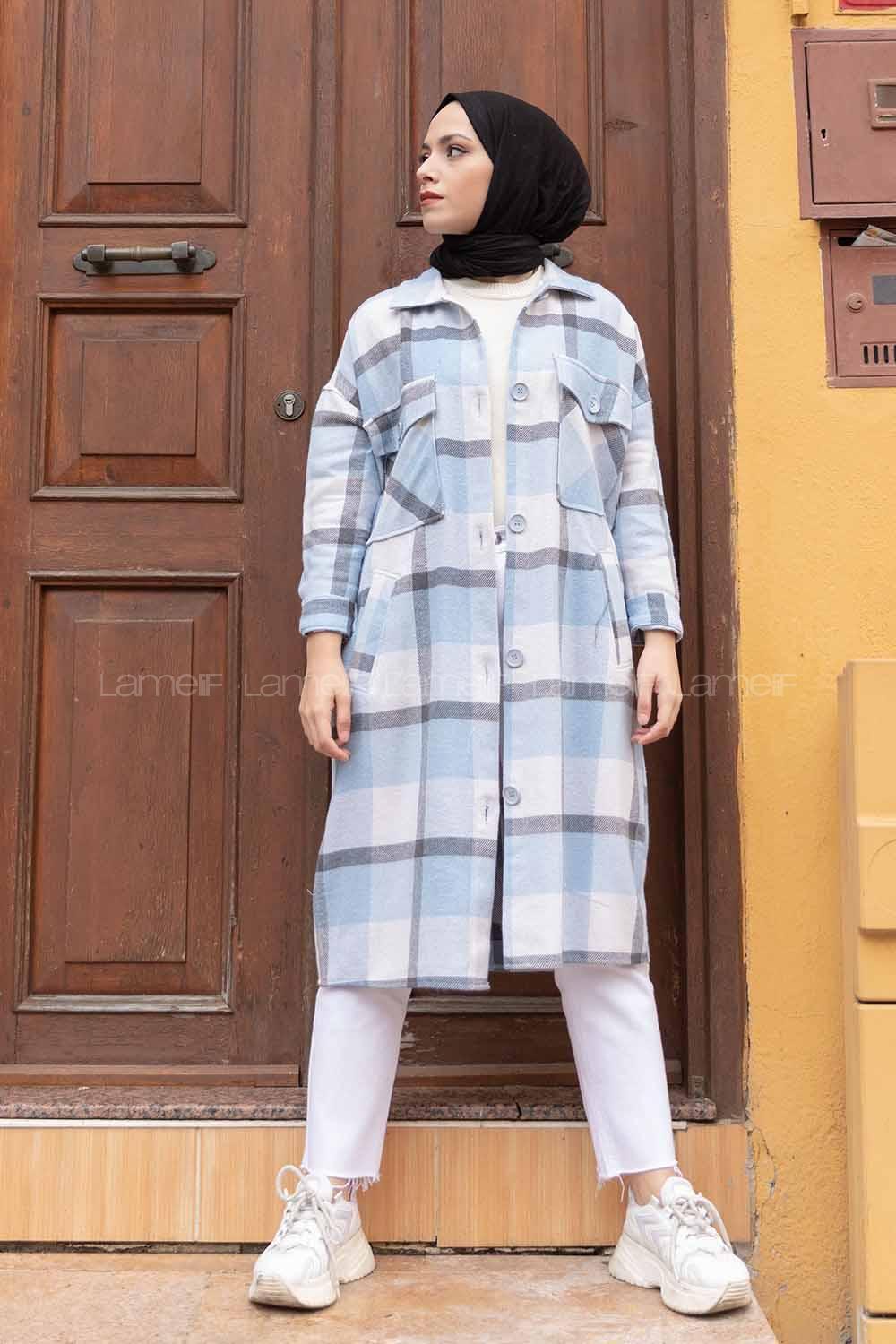 Modalamelif Cep Flotolı Ekose Desen Trenç Bebe Mavisi