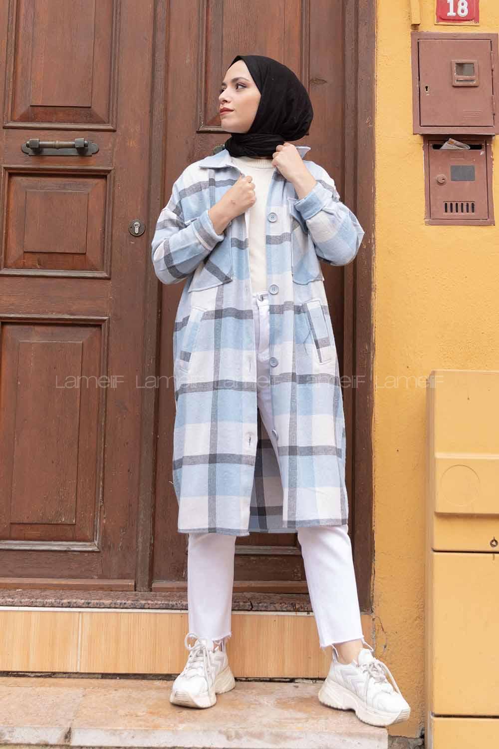 Modalamelif Cep Flotolı Ekose Desen Trenç Bebe Mavisi