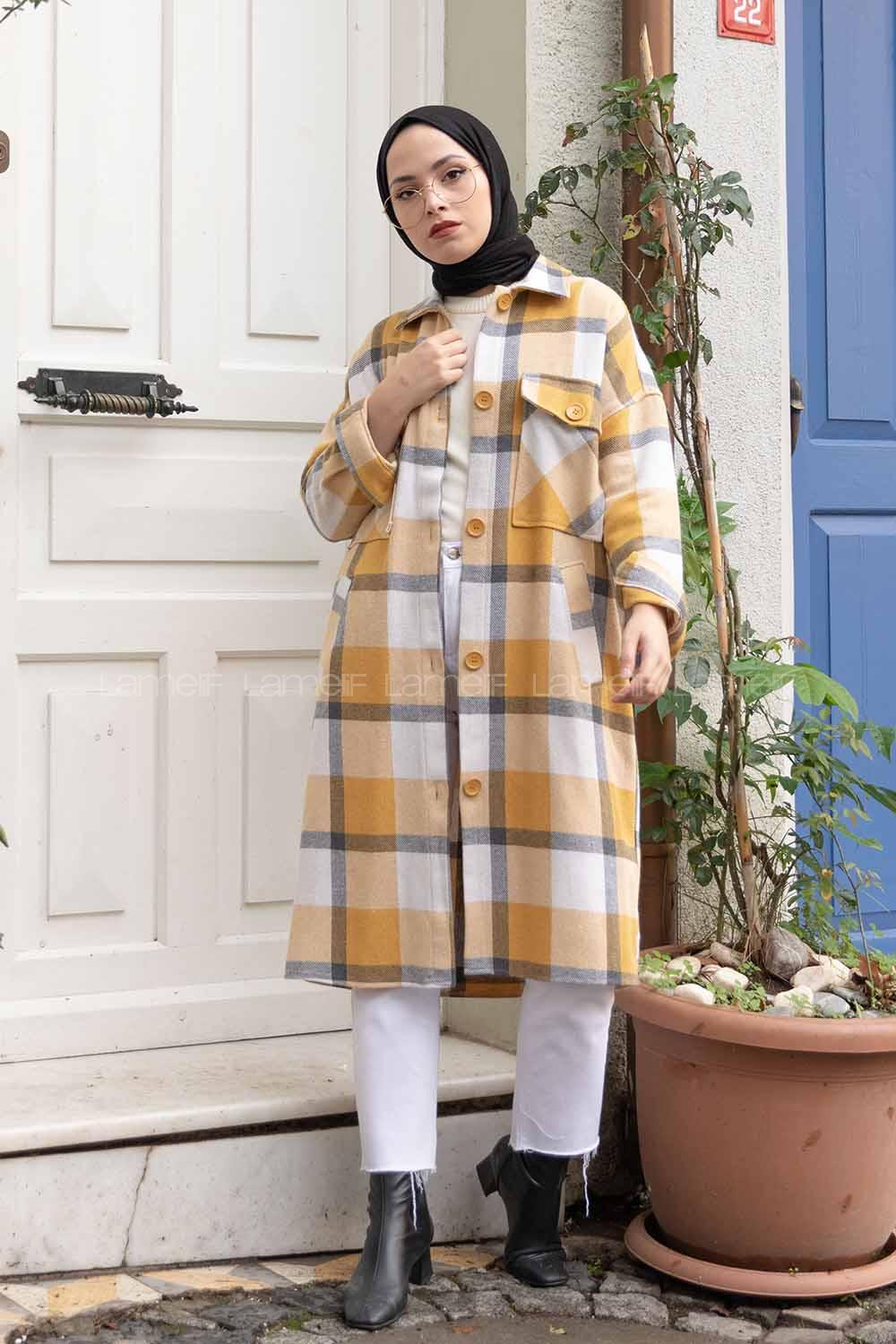 Modalamelif Cep Flotolı Ekose Desen Trenç Hardal Sarısı