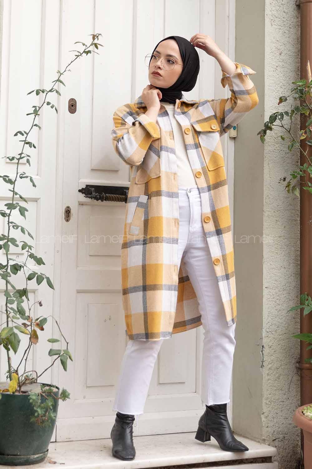 Modalamelif Cep Flotolı Ekose Desen Trenç Hardal Sarısı