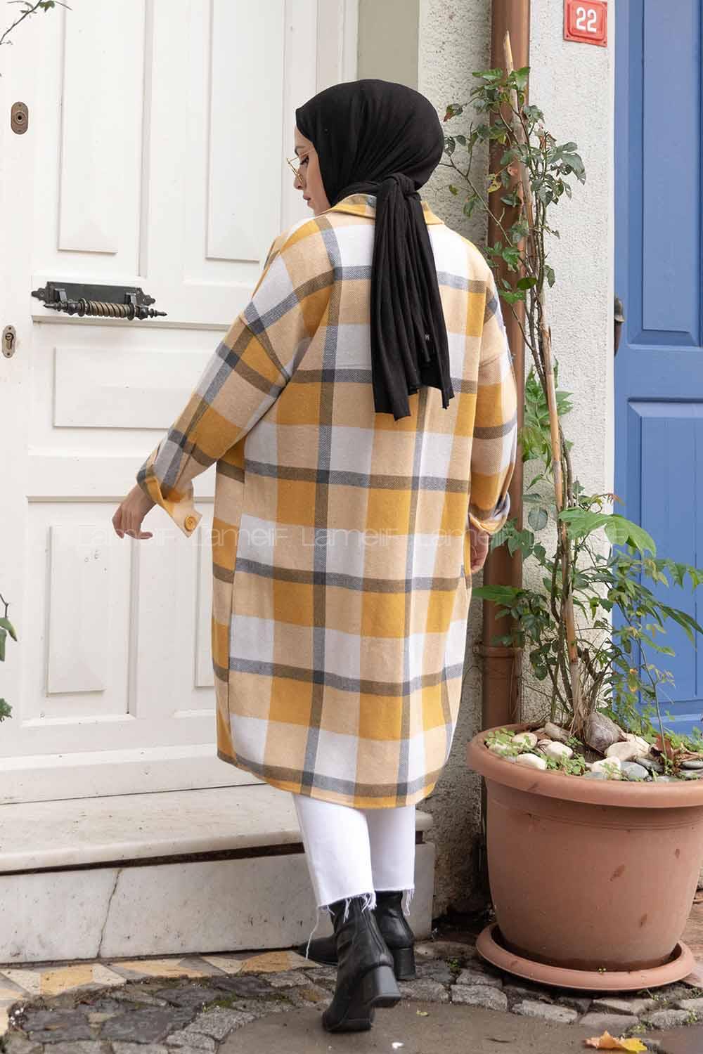 Modalamelif Cep Flotolı Ekose Desen Trenç Hardal Sarısı