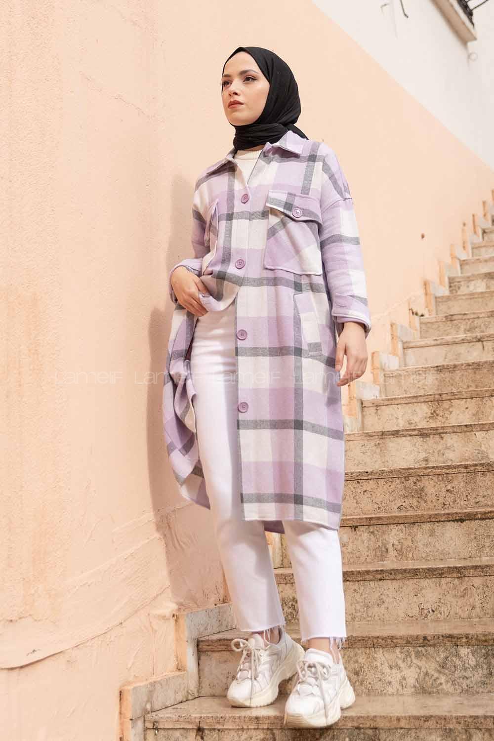 Modalamelif Cep Flotolı Ekose Desen Trenç Lila