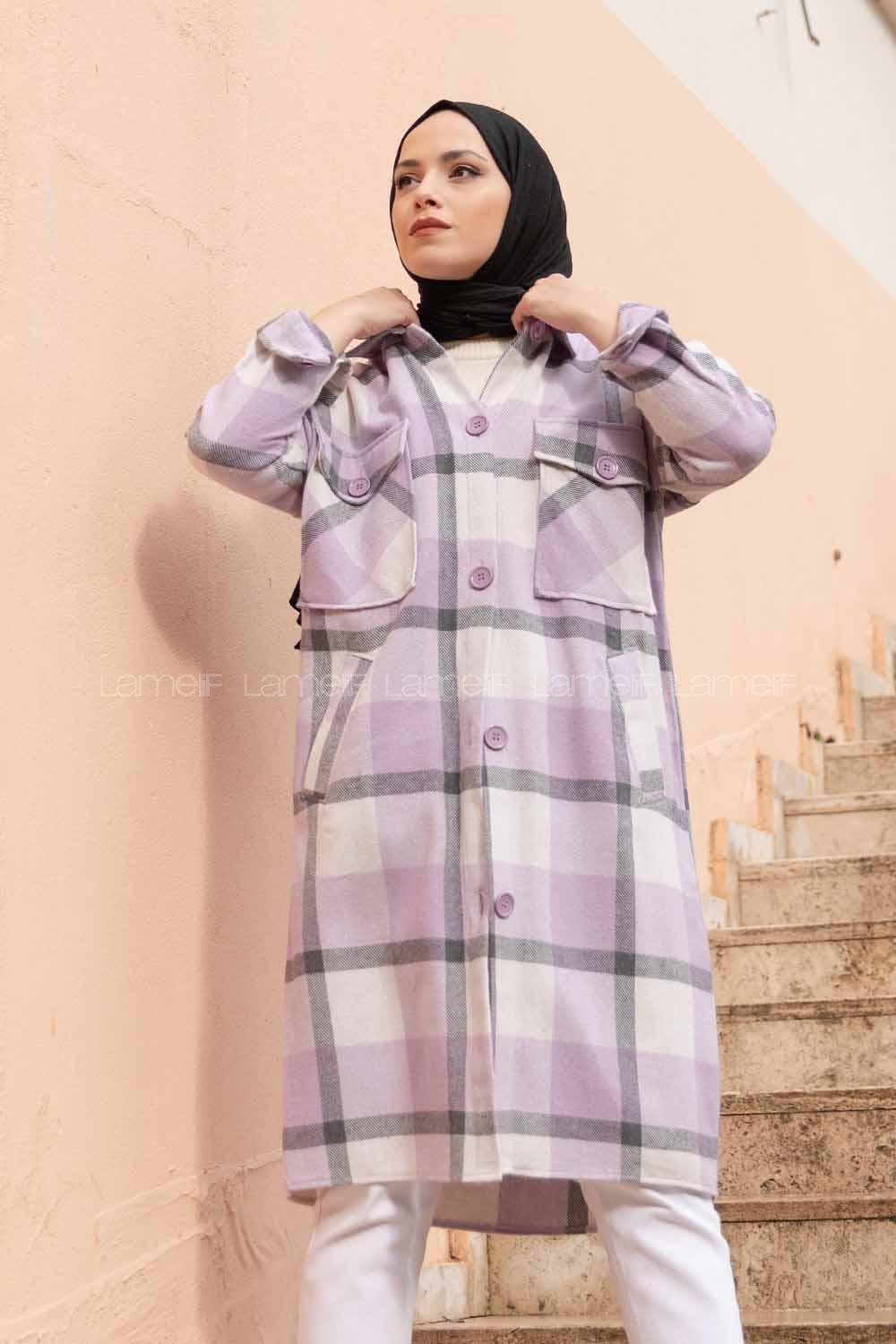 Modalamelif Cep Flotolı Ekose Desen Trenç Lila