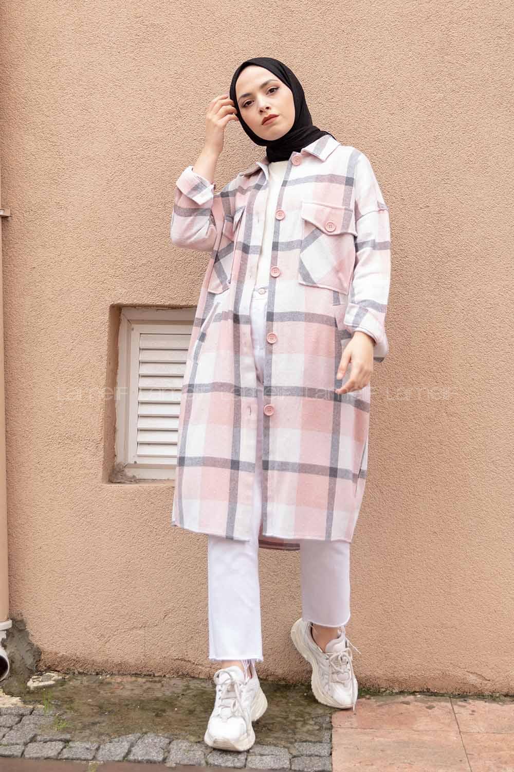 Modalamelif Cep Flotolı Ekose Desen Trenç Pudra