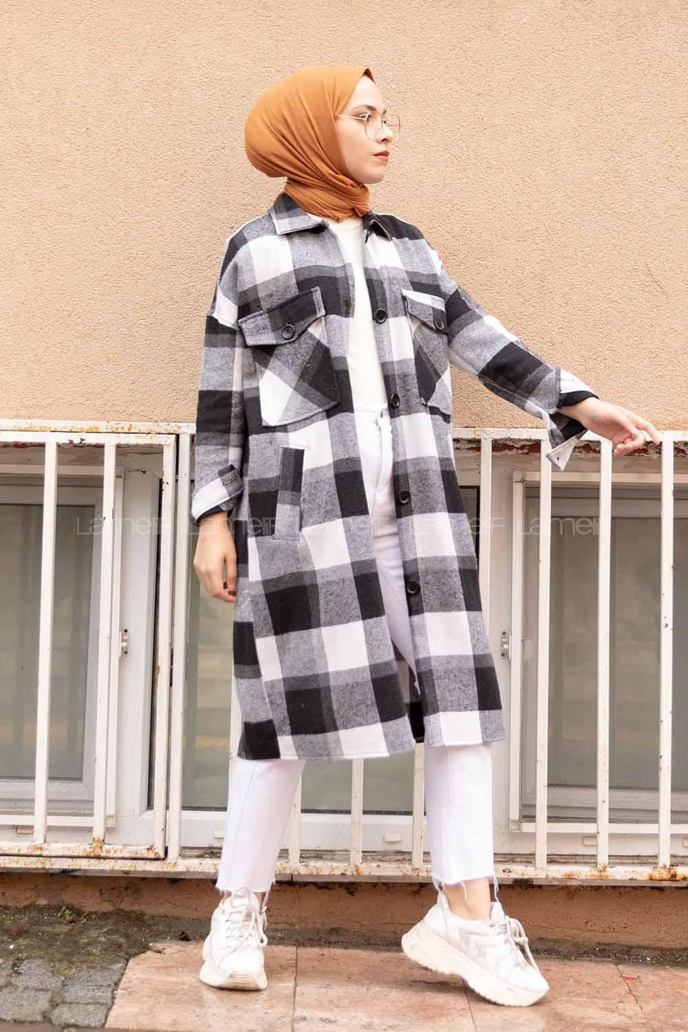 Modalamelif Cep Flotolı Ekose Desen Trenç Siyah