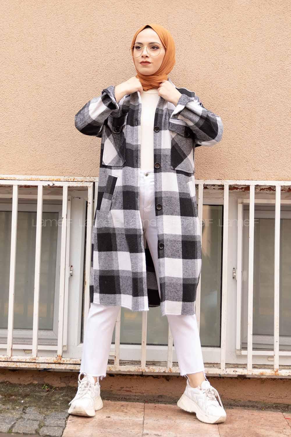 Modalamelif Cep Flotolı Ekose Desen Trenç Siyah