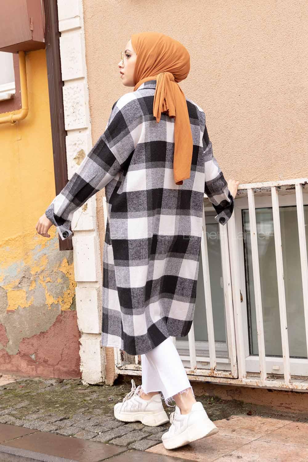 Modalamelif Cep Flotolı Ekose Desen Trenç Siyah