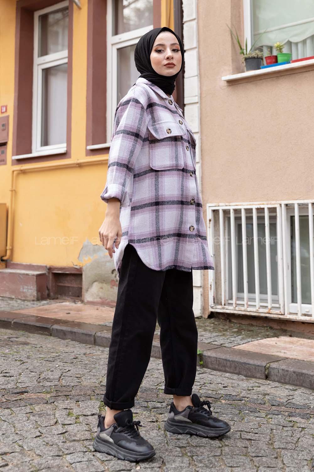 Modalamelif Çift Cepli Ekose Desen Gömlek Lila