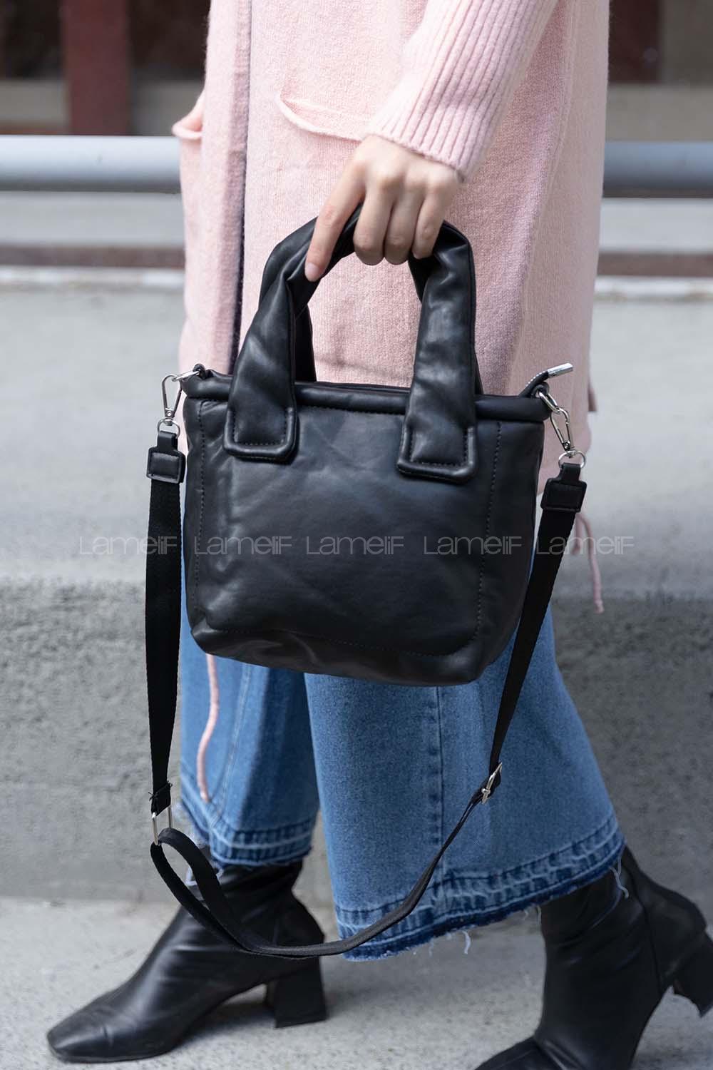 Modalamelif Deri Görünümlü Düz Renk Çanta Siyah