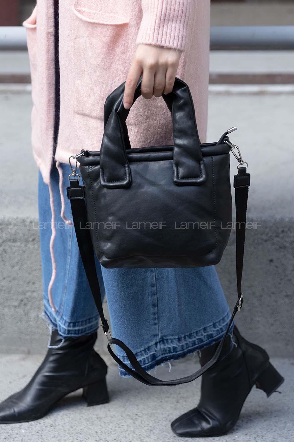 Modalamelif Deri Görünümlü Düz Renk Çanta Siyah