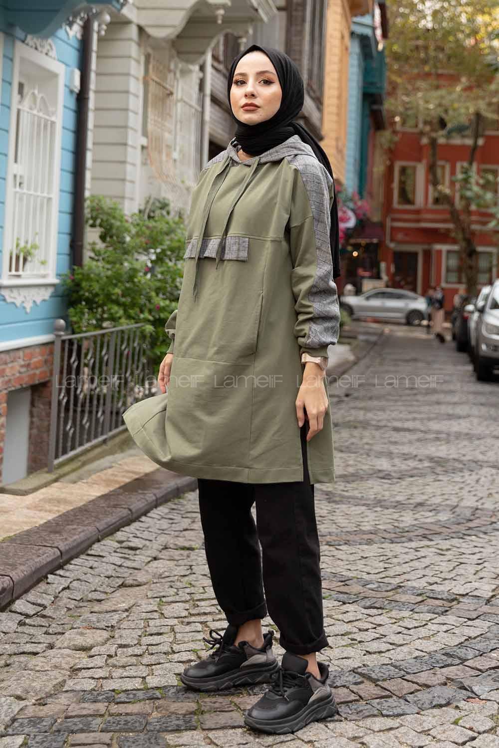 Modalamelif  Ekose Garnili Kapşonlu Sweatshirt Haki