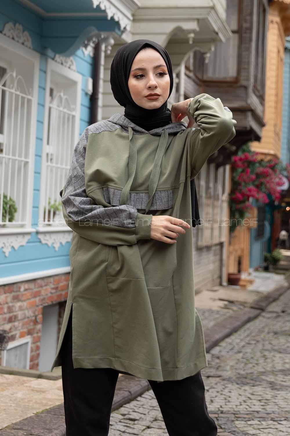 Modalamelif  Ekose Garnili Kapşonlu Sweatshirt Haki