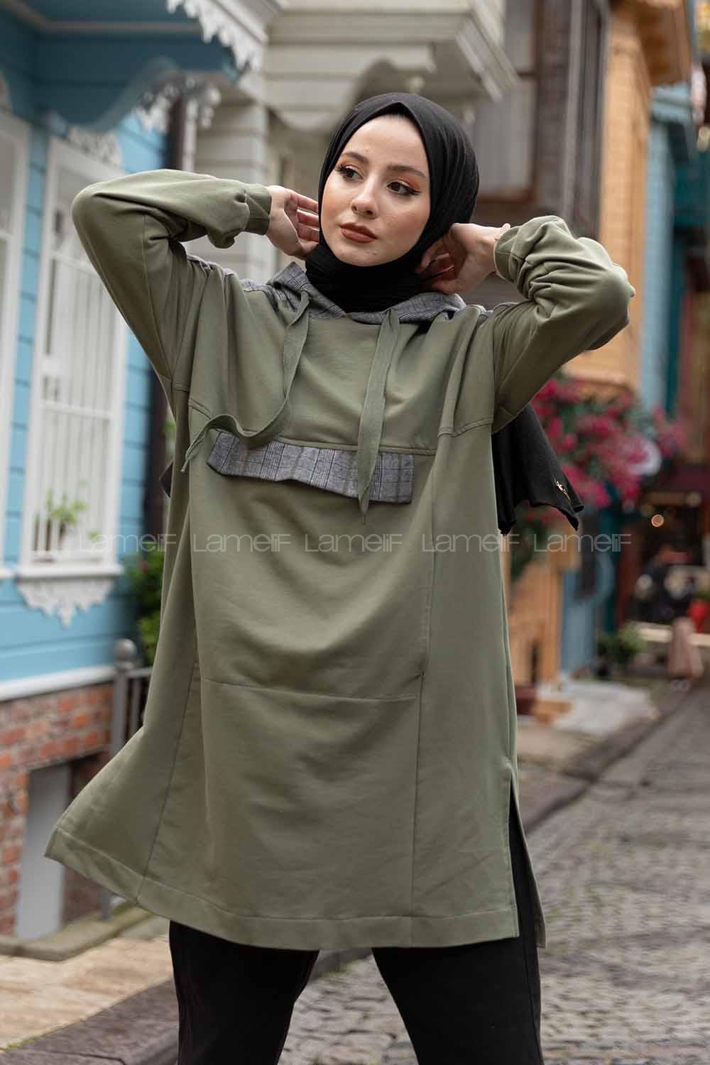 Modalamelif  Ekose Garnili Kapşonlu Sweatshirt Haki