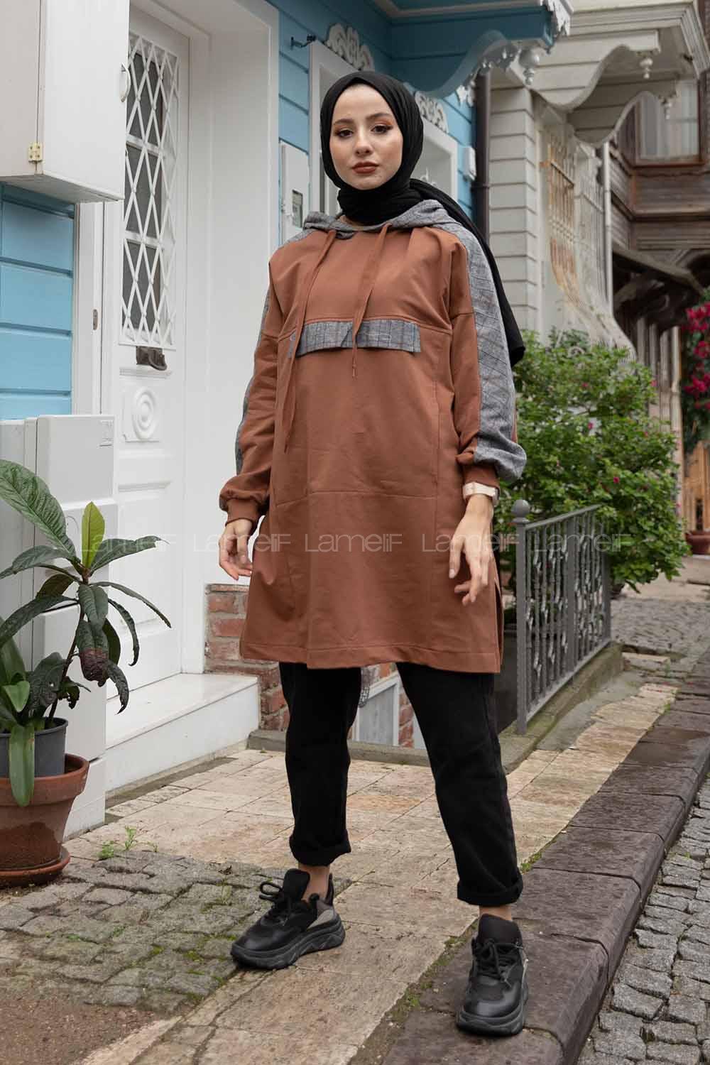 Modalamelif  Ekose Garnili Kapşonlu Sweatshirt Taba