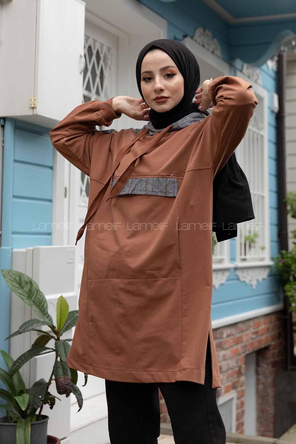 Modalamelif  Ekose Garnili Kapşonlu Sweatshirt Taba