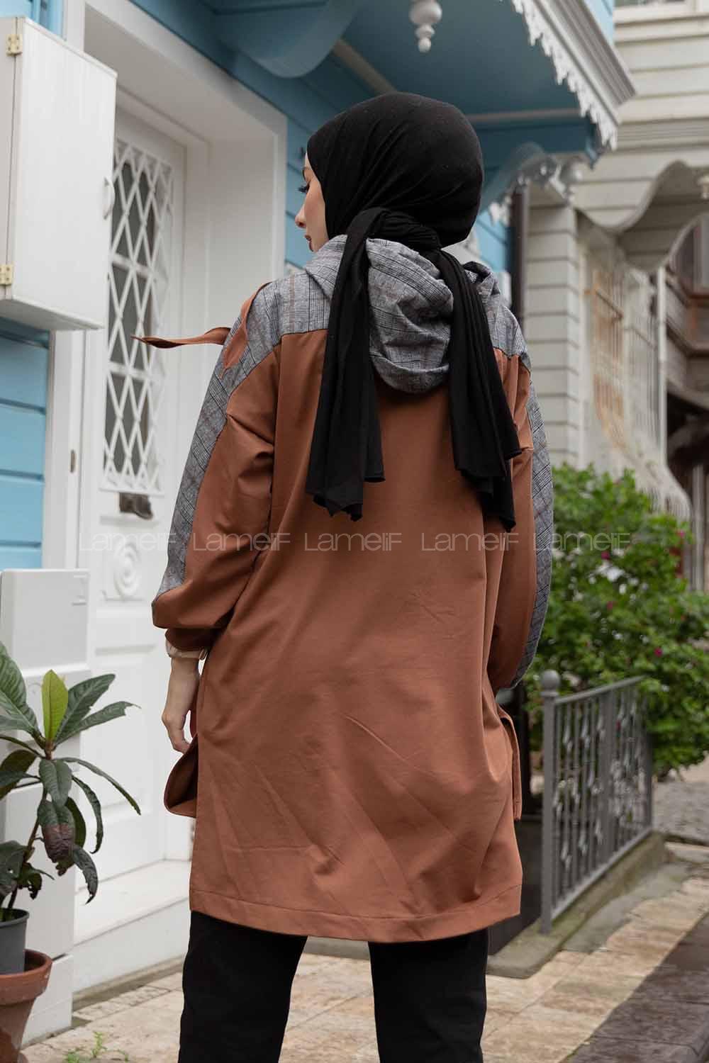 Modalamelif  Ekose Garnili Kapşonlu Sweatshirt Taba