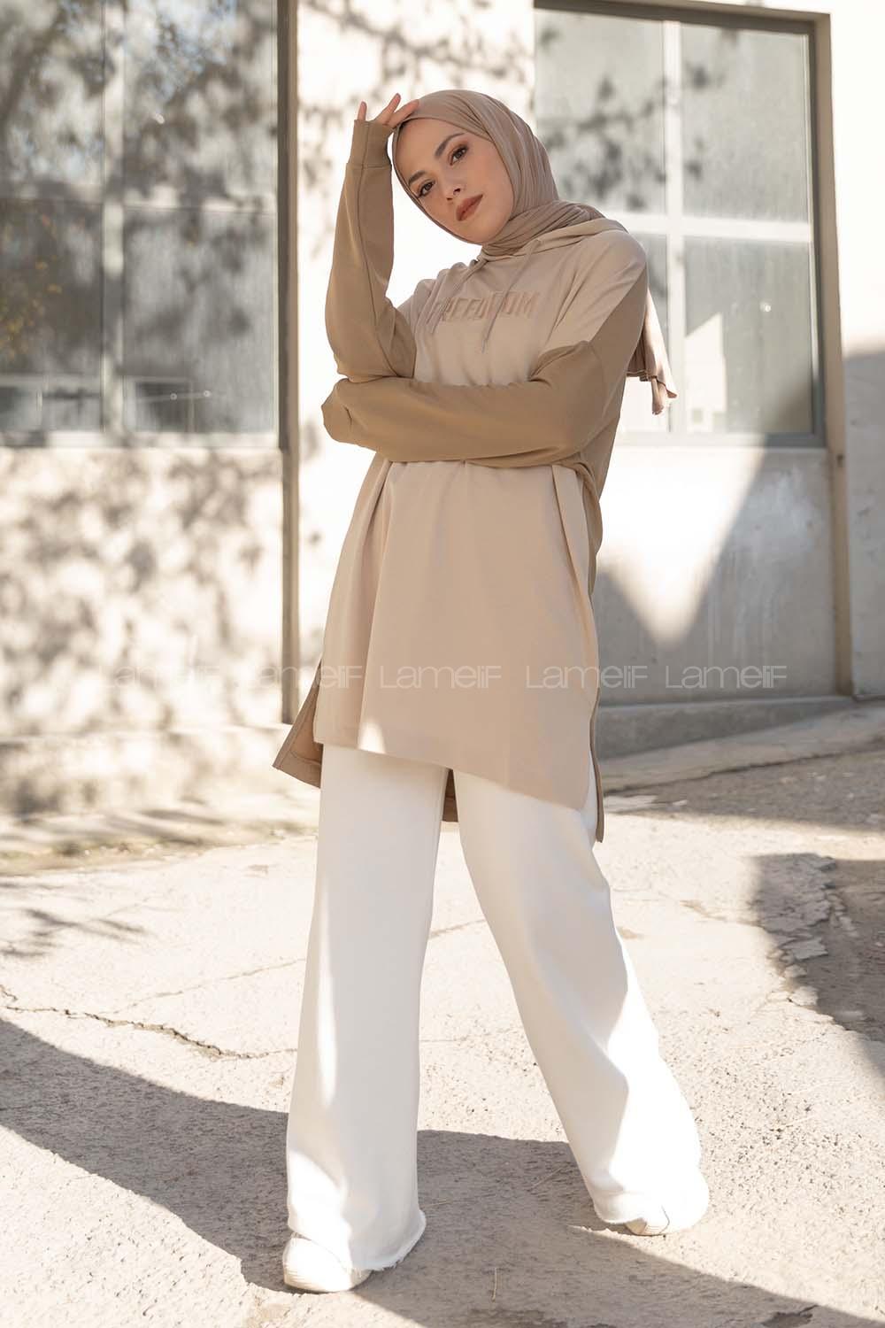 Modalamelif Freedoom Nakışlı Kapşonlu Tunik Açık Vizonrengi