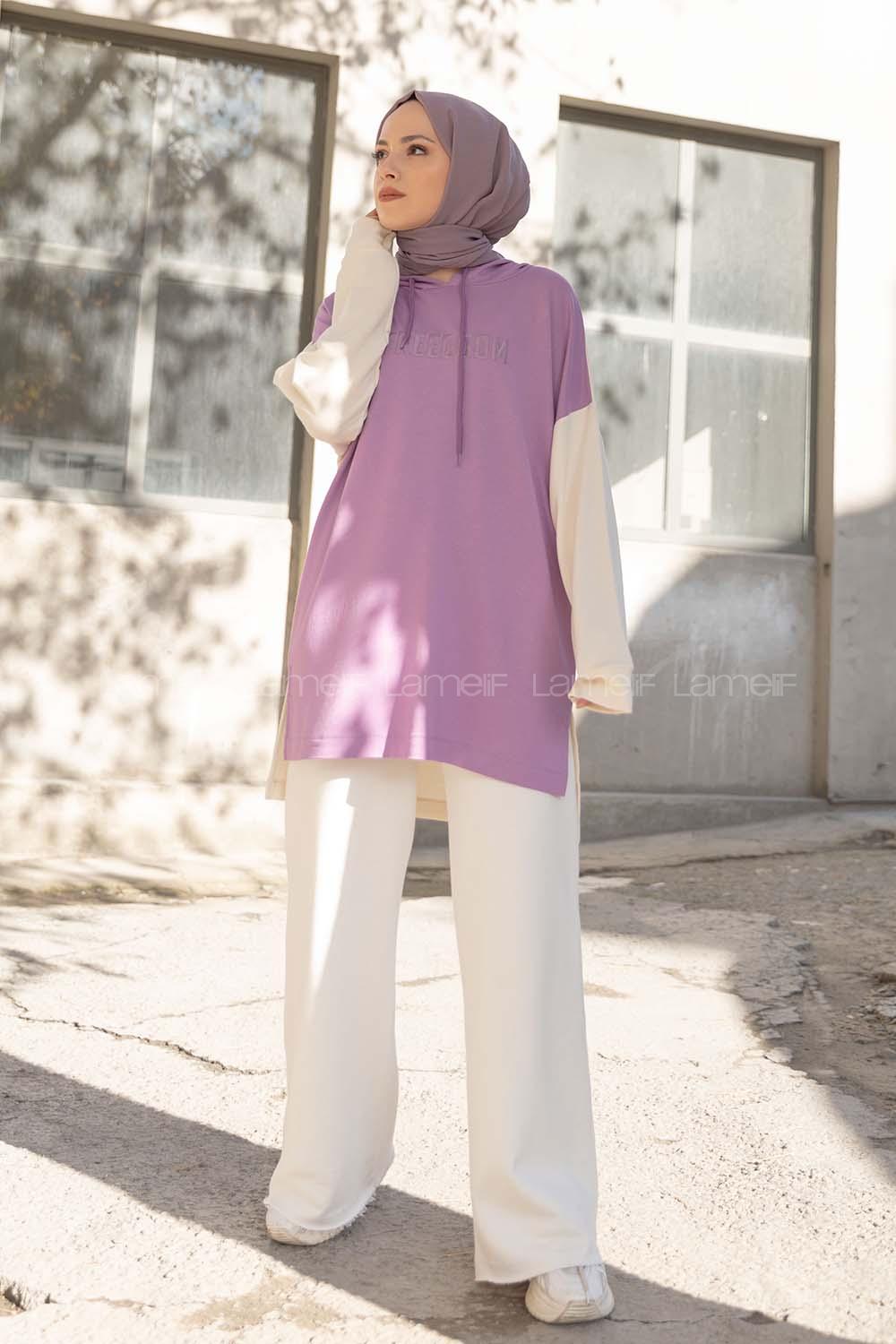 Modalamelif Freedoom Nakışlı Kapşonlu Tunik Lila