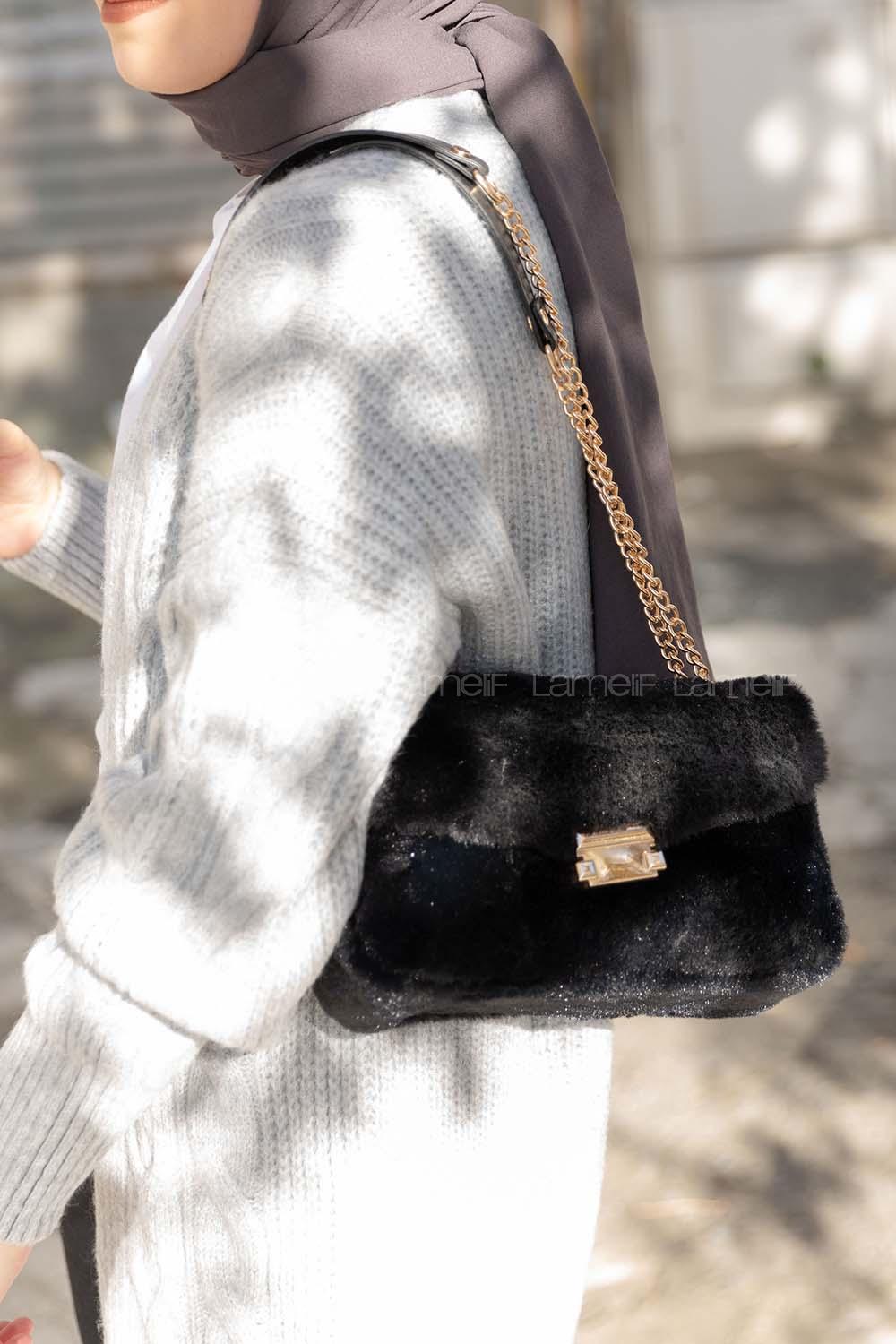 Modalamelif Kapak Kilitli Peluş Çanta Siyah