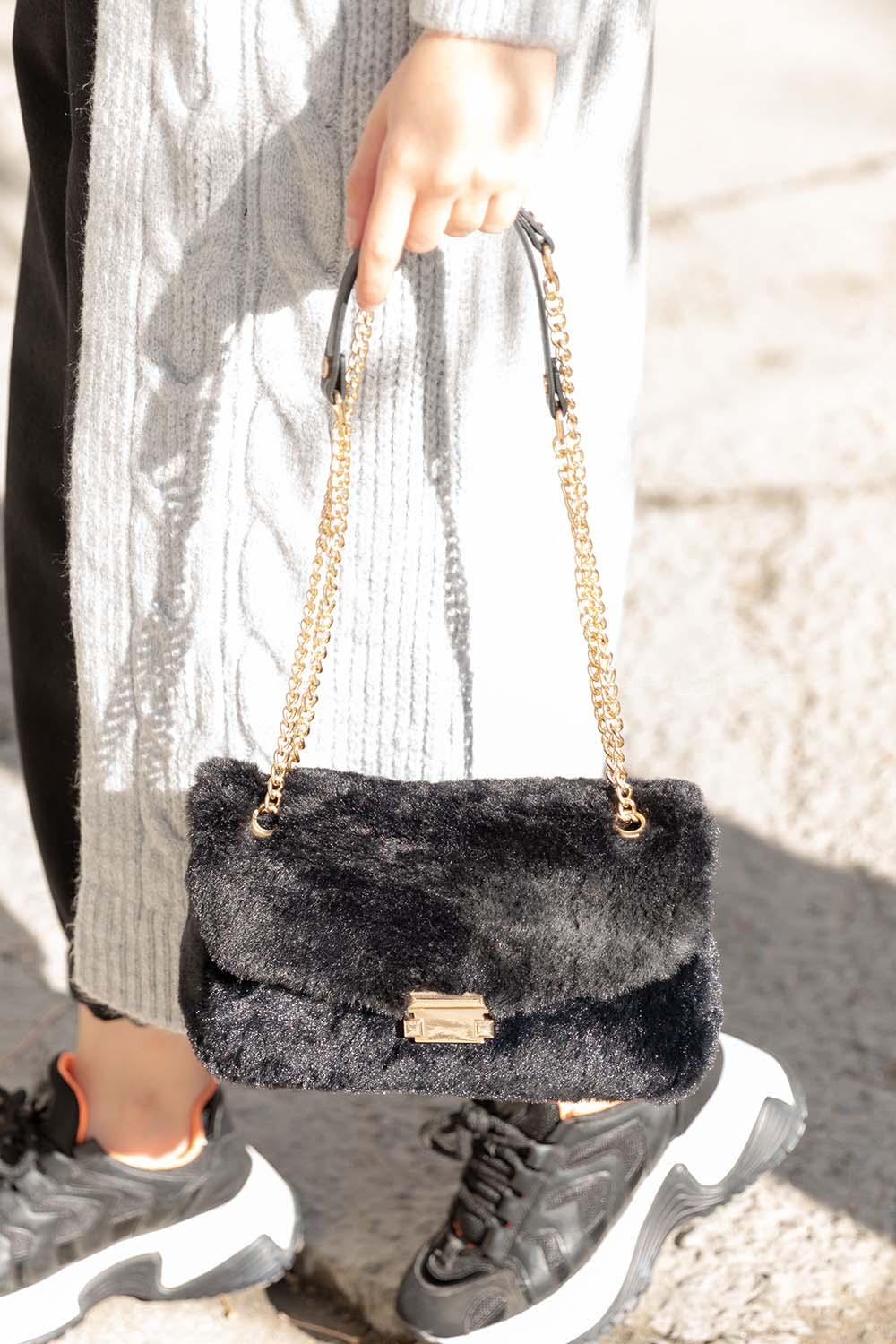 Modalamelif Kapak Kilitli Peluş Çanta Siyah