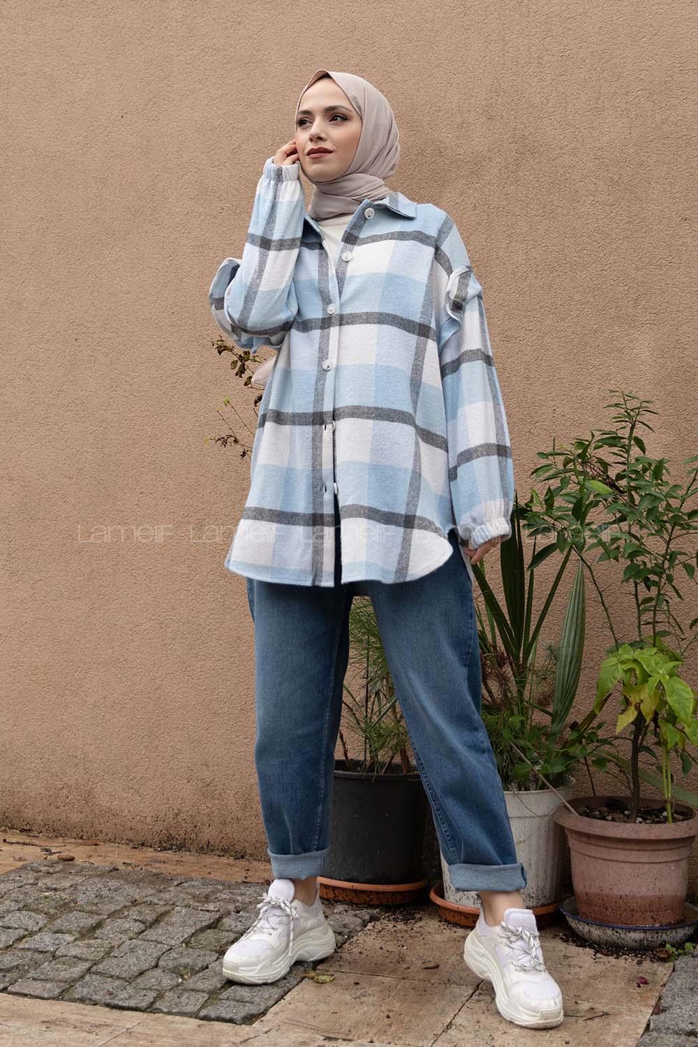 Modalamelif Kol Fırfırlı Ekose Desen Oduncu Gömlek Bebe Mavisi