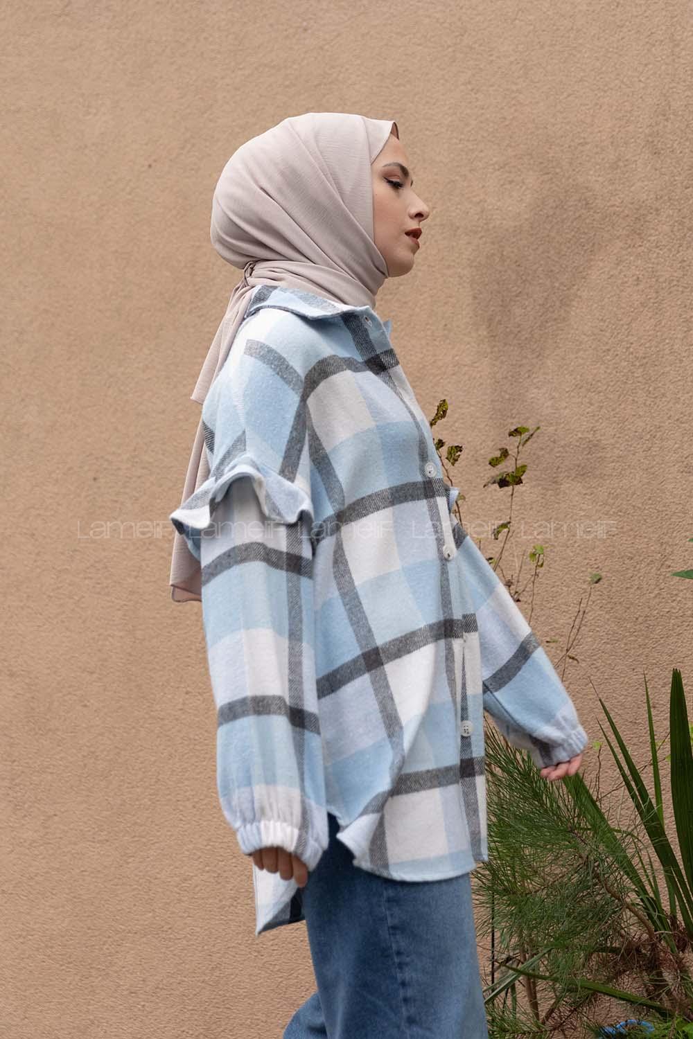 Modalamelif Kol Fırfırlı Ekose Desen Oduncu Gömlek Bebe Mavisi