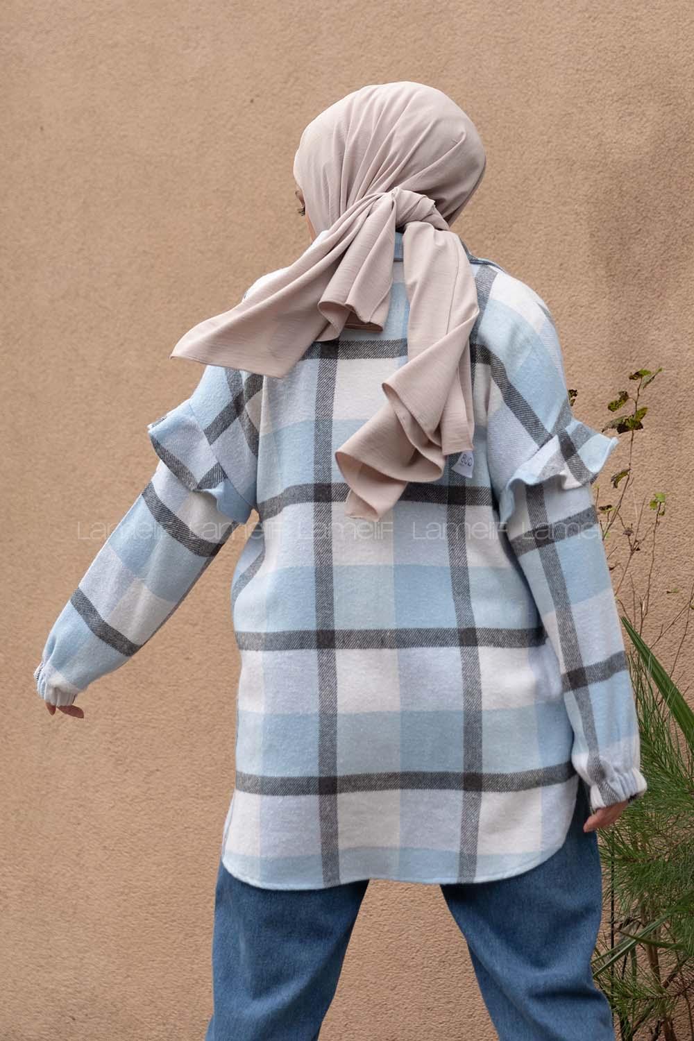 Modalamelif Kol Fırfırlı Ekose Desen Oduncu Gömlek Bebe Mavisi