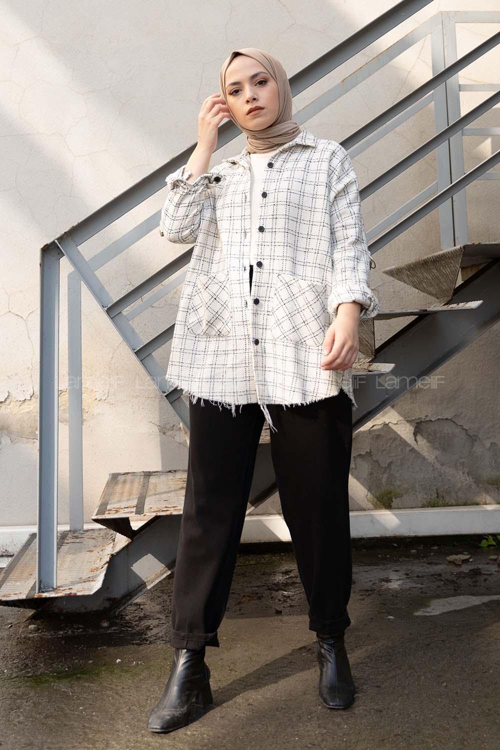 Modalamelif Körük Cepli Ekose Gömlek Ekru