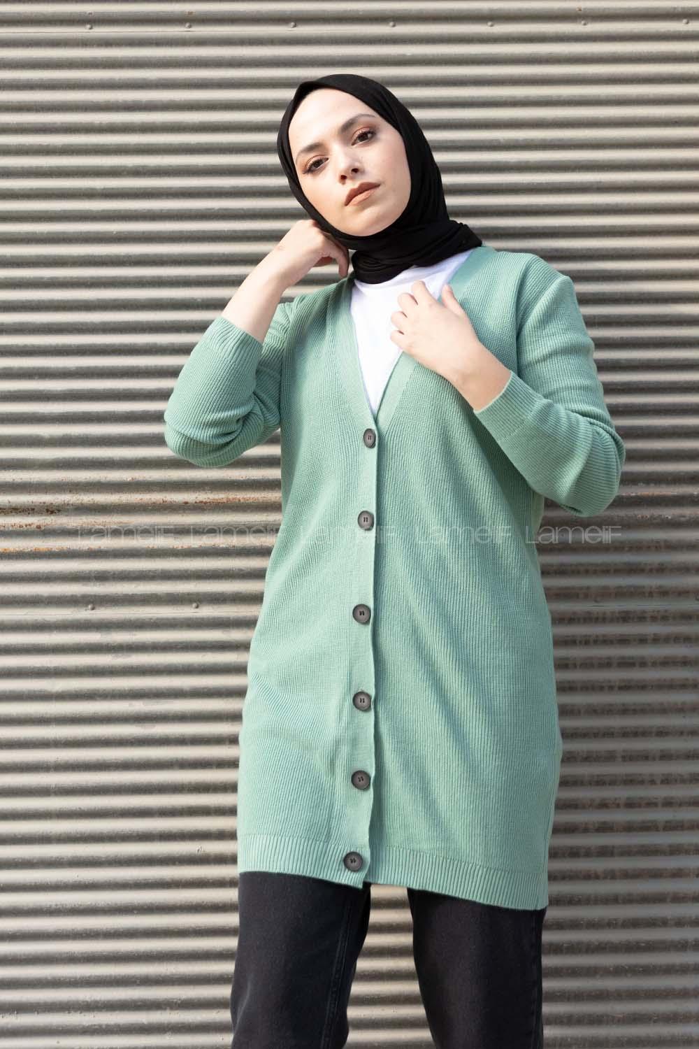 Modalamelif Önü Düğmeli Hırka Su Yeşili