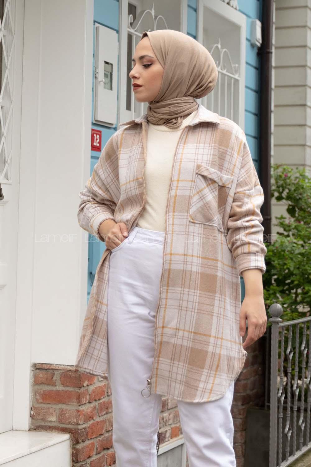 Modalamelif Önü Fermuarlı Ekose Desen Gömlek Bej Hardal