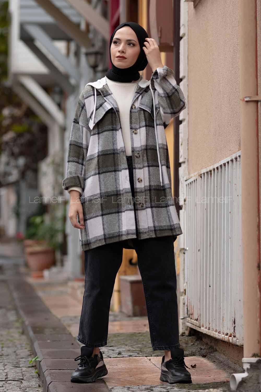 Modalamelif Penye Kapşonlu Ekose Oduncu Gömlek Haki