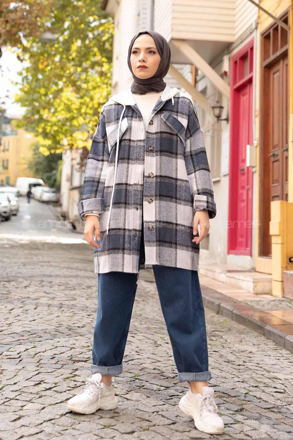 Modalamelif Penye Kapşonlu Ekose Oduncu Gömlek Lacivert