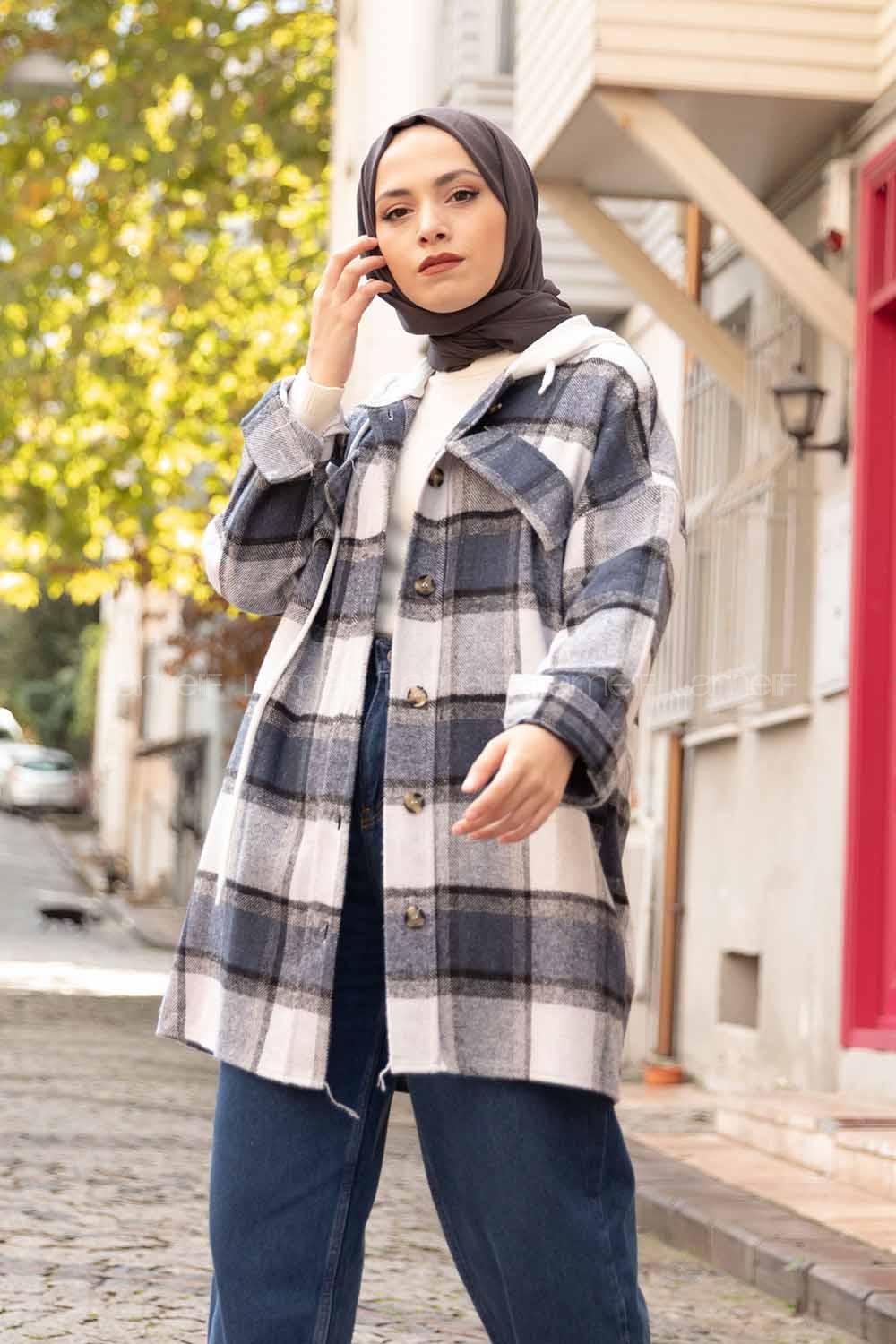 Modalamelif Penye Kapşonlu Ekose Oduncu Gömlek Lacivert