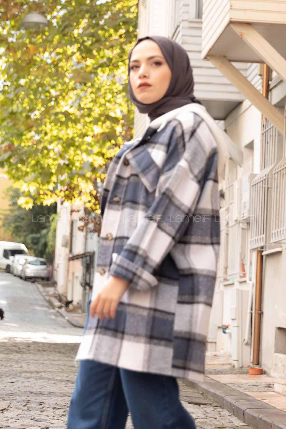 Modalamelif Penye Kapşonlu Ekose Oduncu Gömlek Lacivert