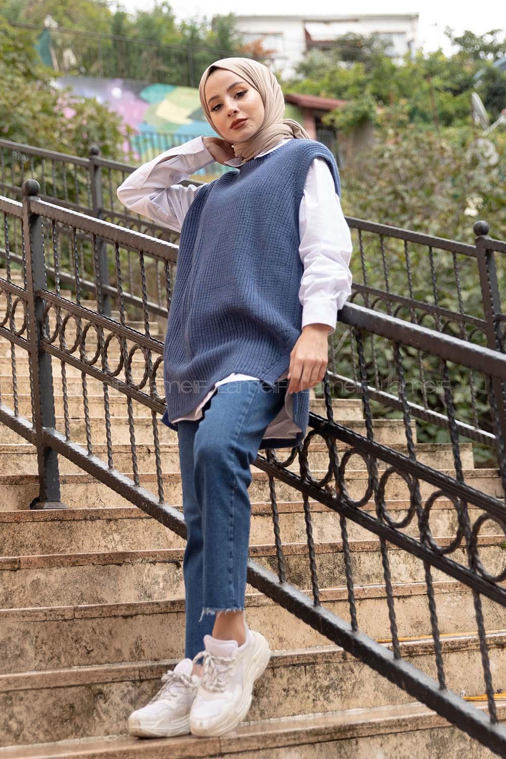 Modalamelif Selanik Örgü Triko Süveter İndigo
