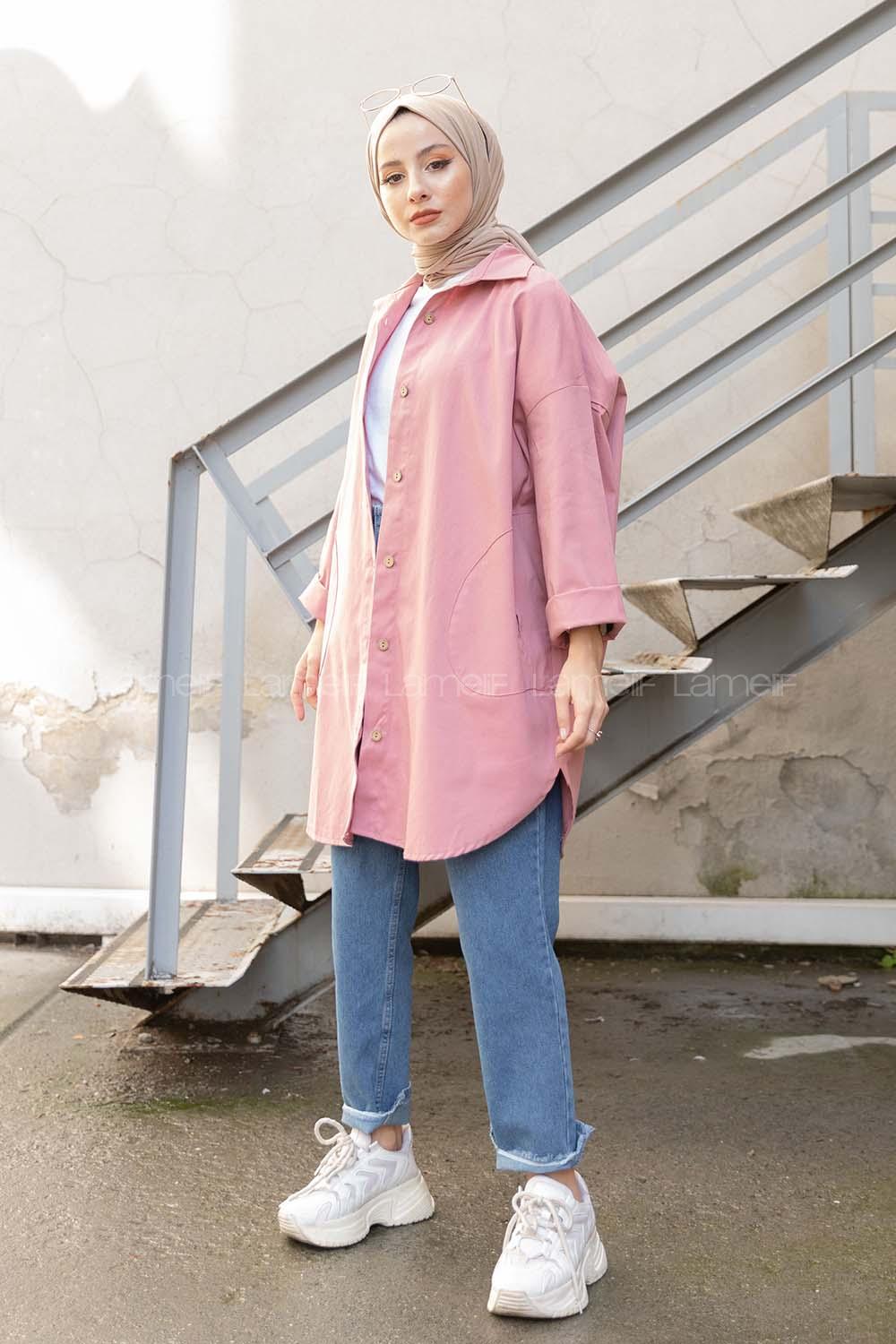 Modalamelif Yan Cepli Gabardin Gömlek Pudra