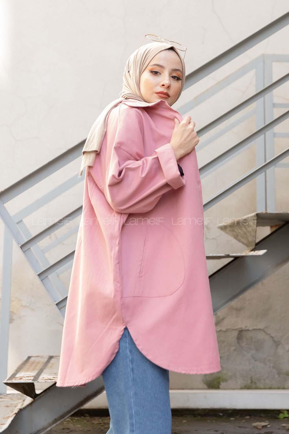 Modalamelif Yan Cepli Gabardin Gömlek Pudra