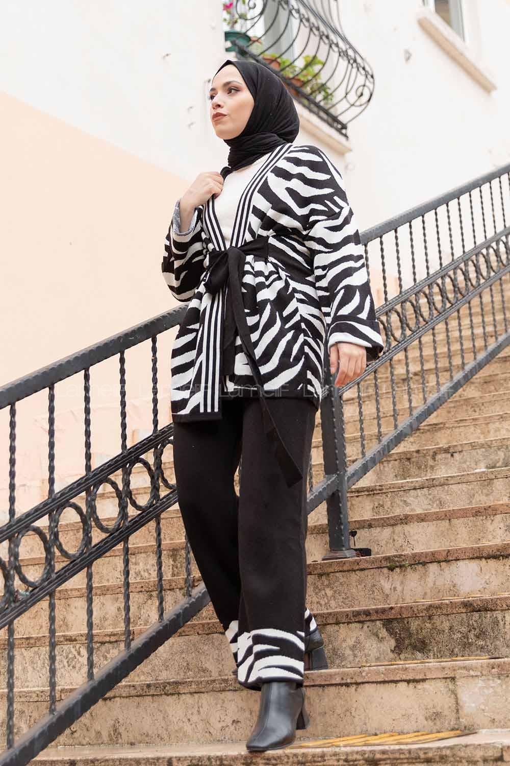 Modalamelif Zebra Desen İkili Triko Takım Siyah Beyaz