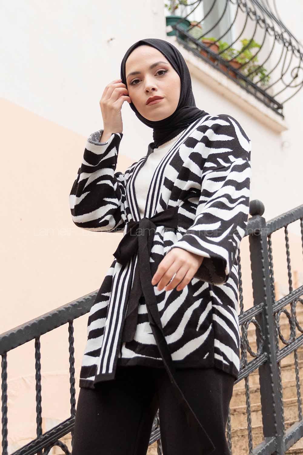 Modalamelif Zebra Desen İkili Triko Takım Siyah Beyaz