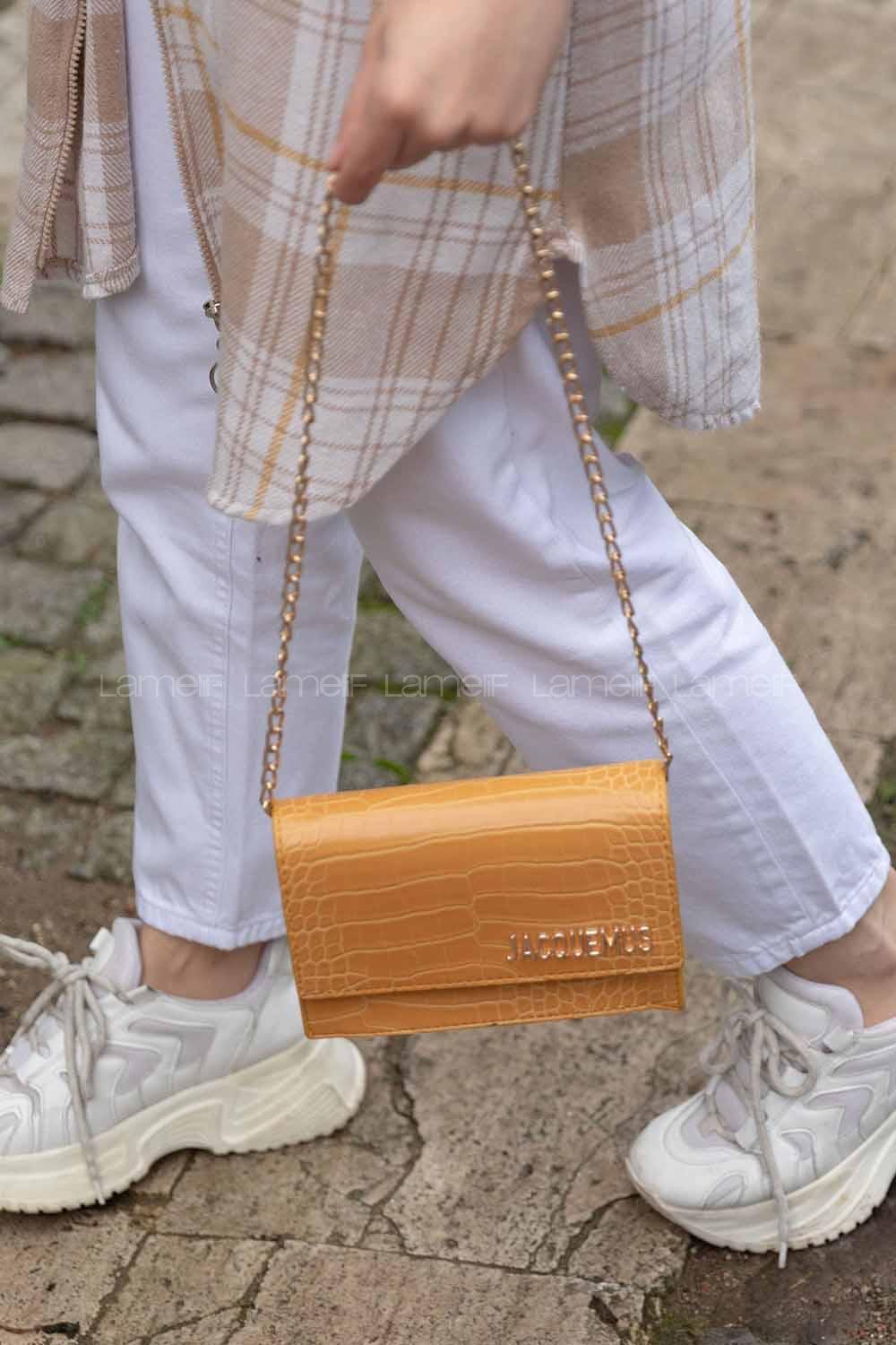 Modalamelif Zincir Askılı  Desen Çanta Hardal Sarısı