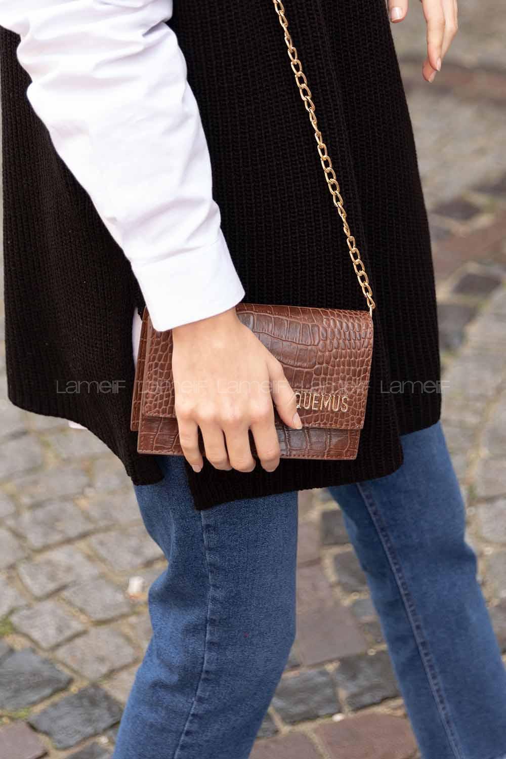 Modalamelif Zincir Askılı  Desen Çanta Kahve