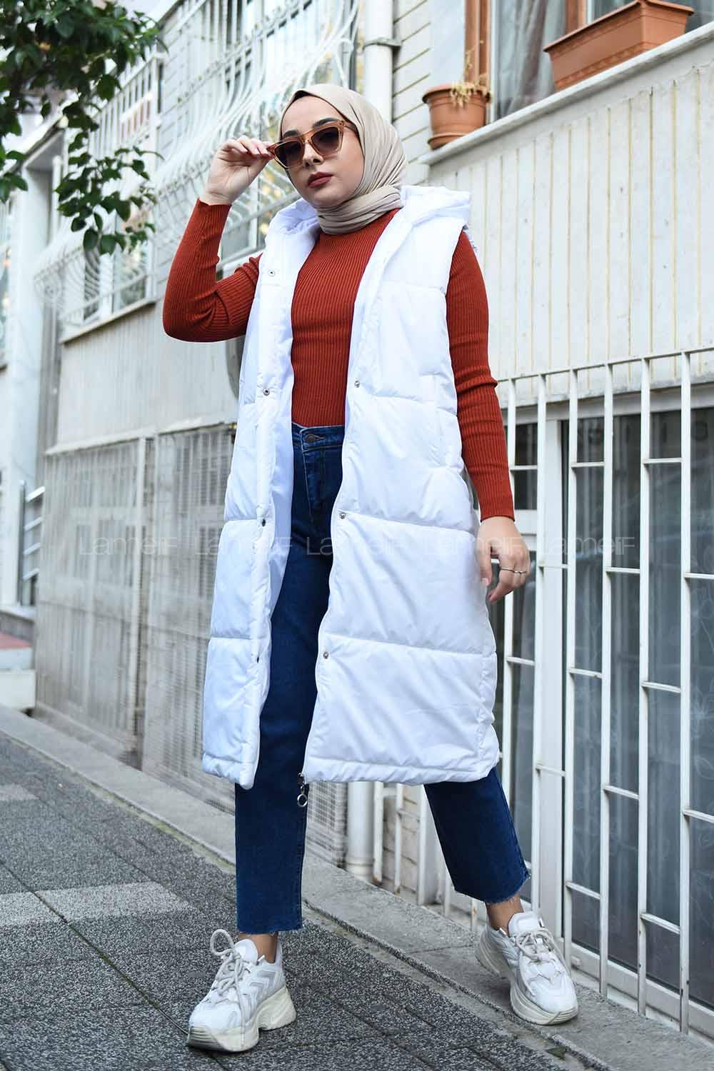 Modalamelif Kapşonlu Uzun Şişme Yelek Ekru