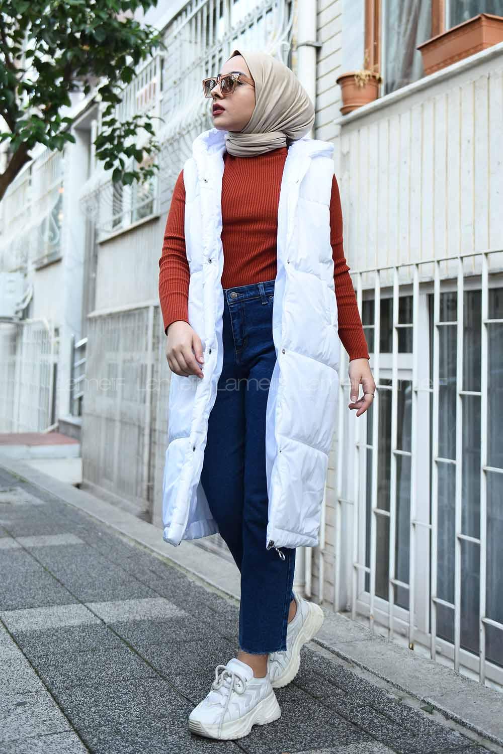 Modalamelif Kapşonlu Uzun Şişme Yelek Ekru