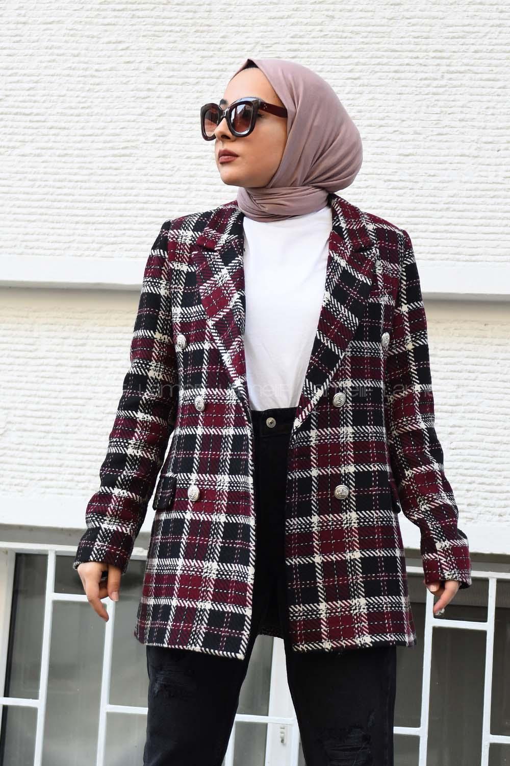 Modalamelif Önü Düğmeli  Prag Kruvaze Ceket Bordo