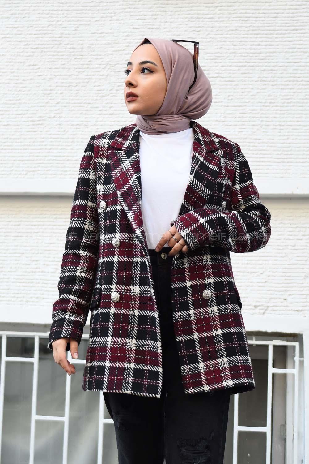 Modalamelif Önü Düğmeli  Prag Kruvaze Ceket Bordo