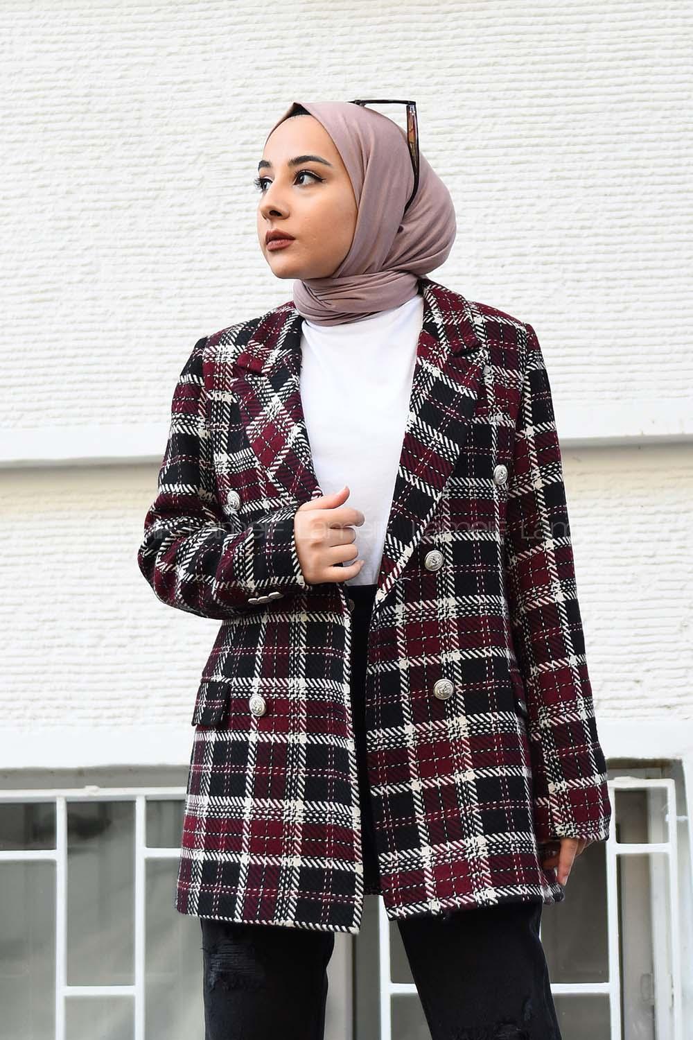 Modalamelif Önü Düğmeli  Prag Kruvaze Ceket Bordo