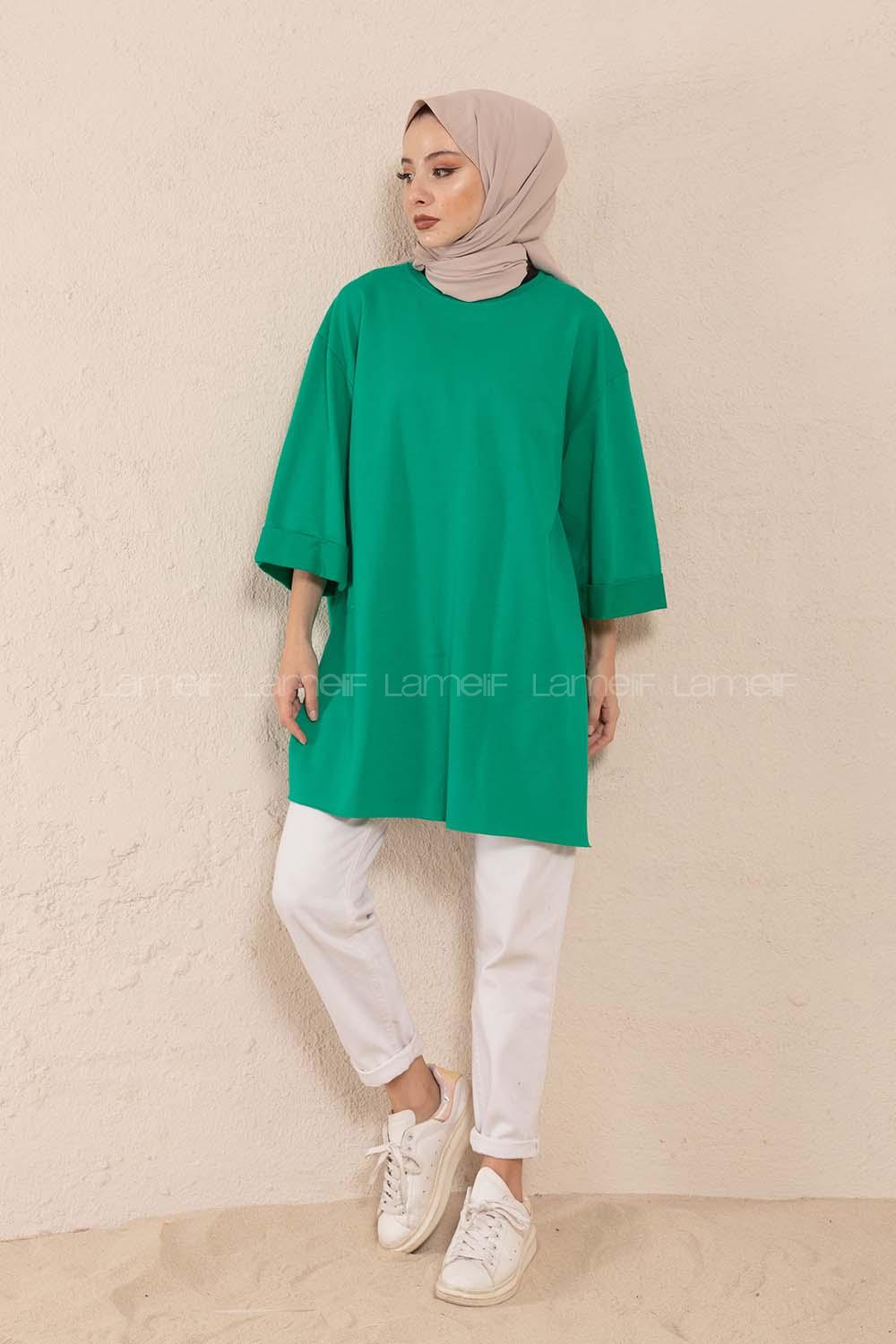 Modalamelif Düz Renk Fakir Kol Sweatshirt Yeşil