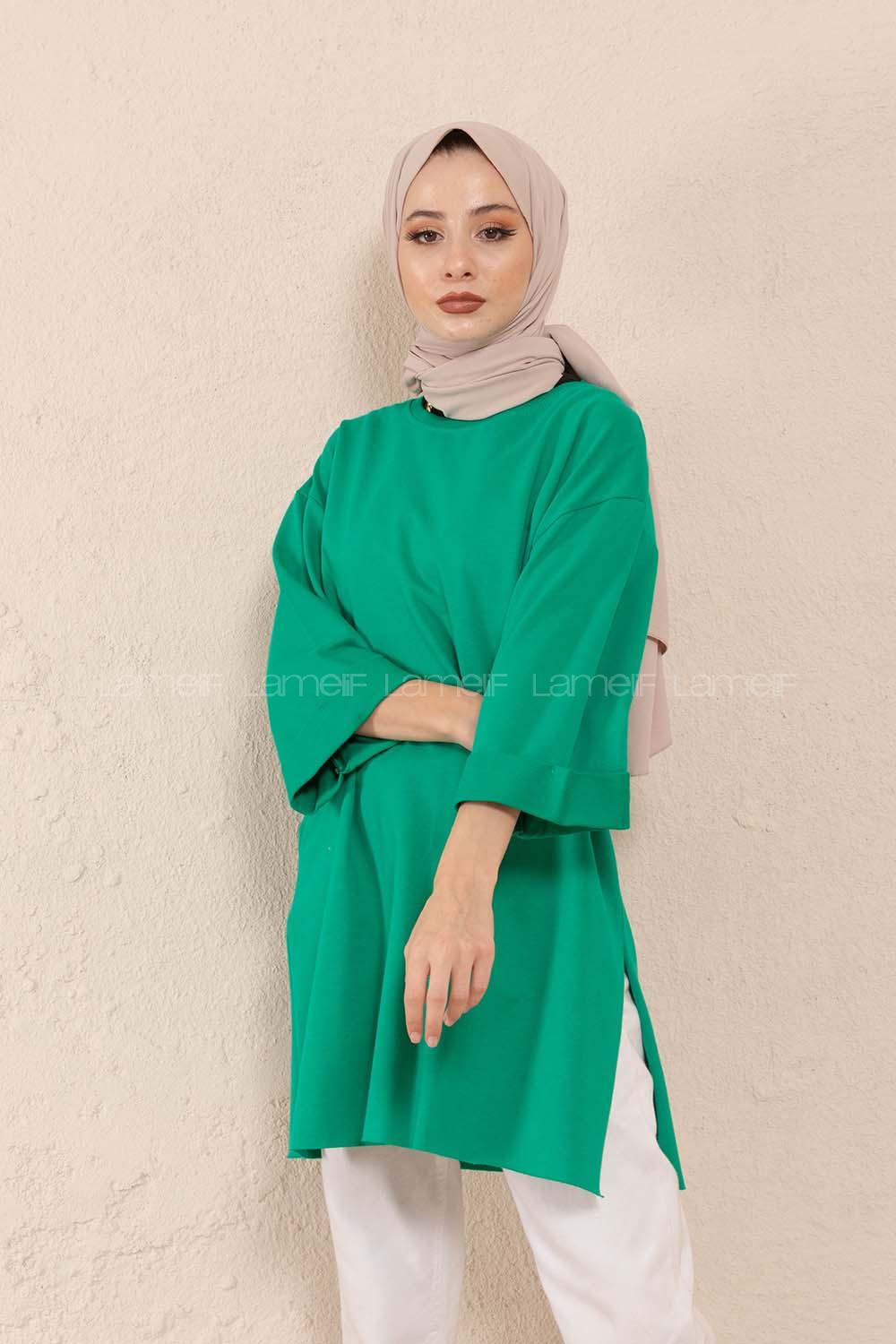 Modalamelif Düz Renk Fakir Kol Sweatshirt Yeşil